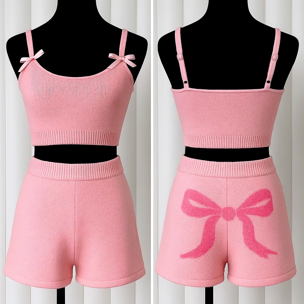 SUGAR THRILLZ Between Blankets Fuzzy Soft Shorts PJ Set Bow Detail Pink Size XS